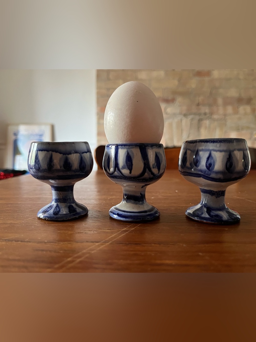 Blue and White Ceramic Egg Cups - Handpainted Home Art